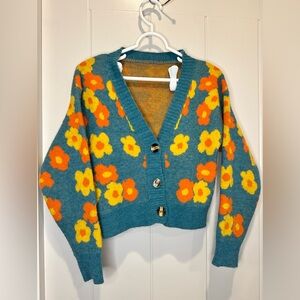 Floral Patterned Cardigan Sweater - Teal, Orange, Yellow